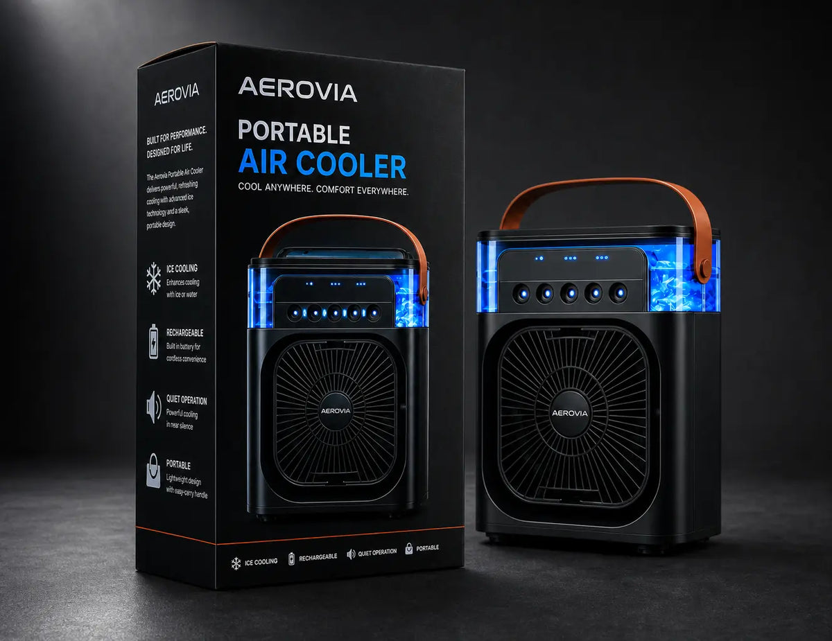 Wide 13:10 product packaging inspection photograph. Make the exact supplied black AEROVIA retail box